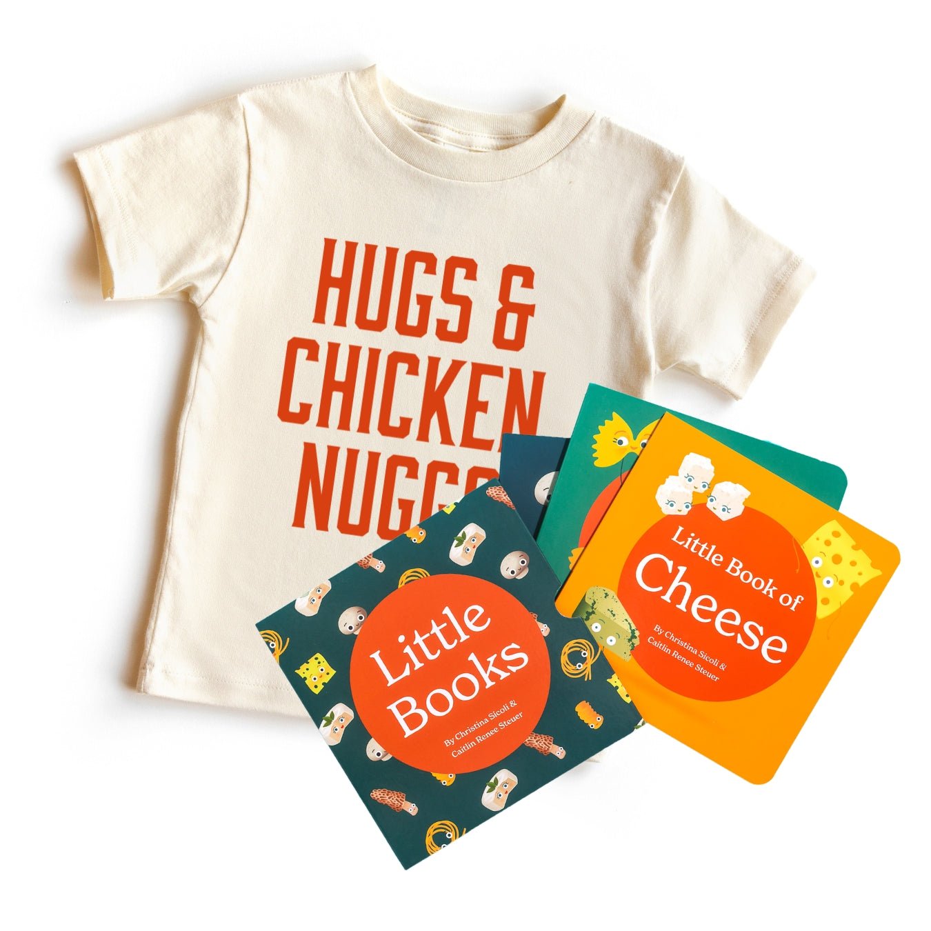 Chunky Deli "Hugs & Chicken Nuggs Starter Pack" featuring a nude, 100% cotton, short sleeve toddler tee with bold red text "HUGS & CHICKEN NUGGS", accompanied by two "Little Books" board books: "Little Book of Cheese" by Christina Sicoli & Caitlin Renee S