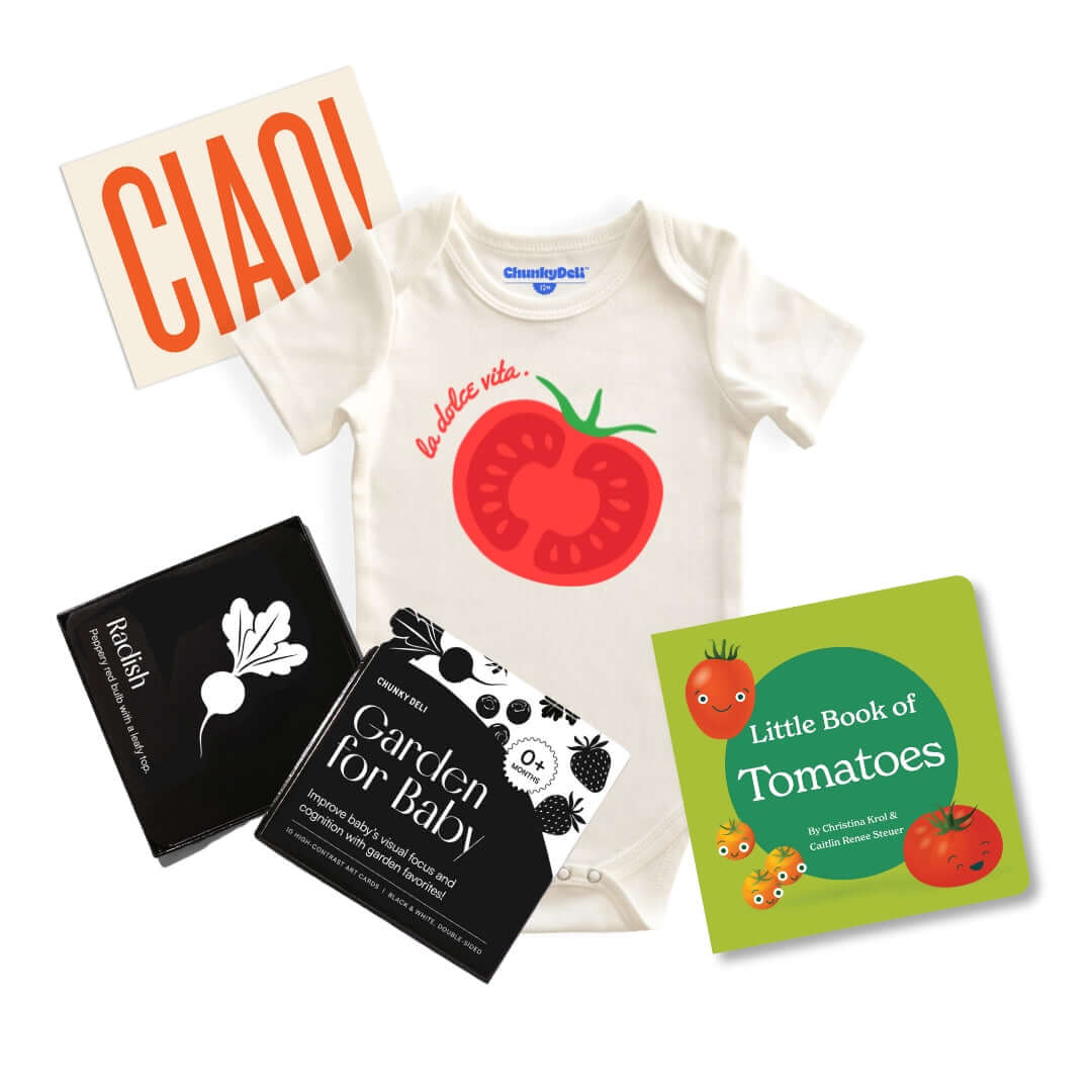 Chunky Deli Product Image: Garden Baby Bundle. This includes a flat laying La Dolce Vita Baby Bodysuit, The little book of tomatoes, Garden for baby black and white art cards and a CAIO Gift note.