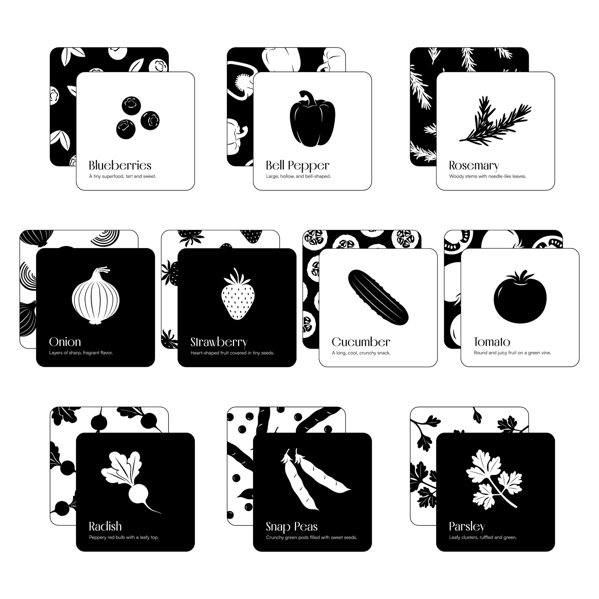 Clean grid of all nine double-sided art cards from the "Garden for Baby" set on a white background.