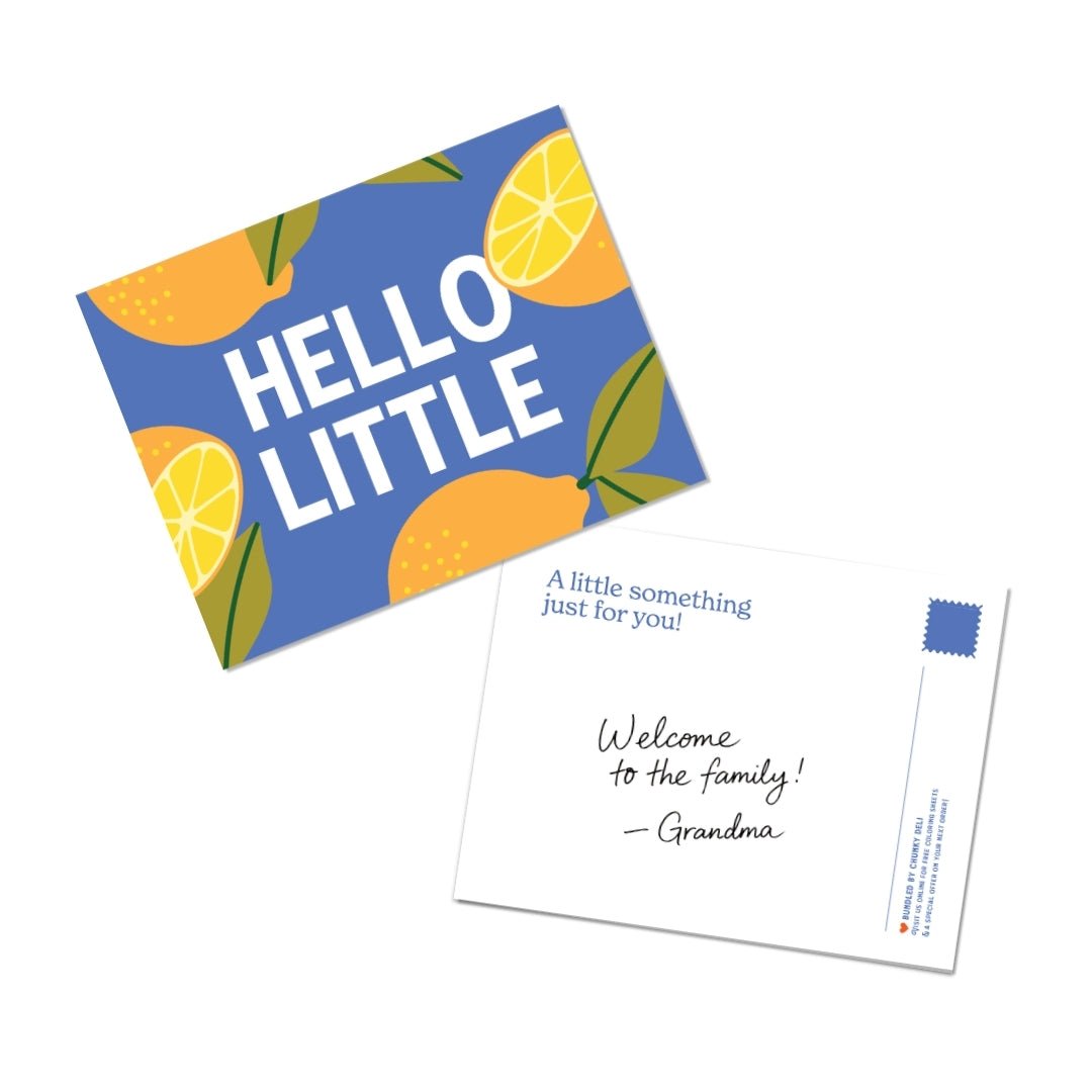 Chunky Deli Gift Note Add-On featuring a lemon inspired postcard that says 'Hello Little!' with a personalized message for a special occasion.