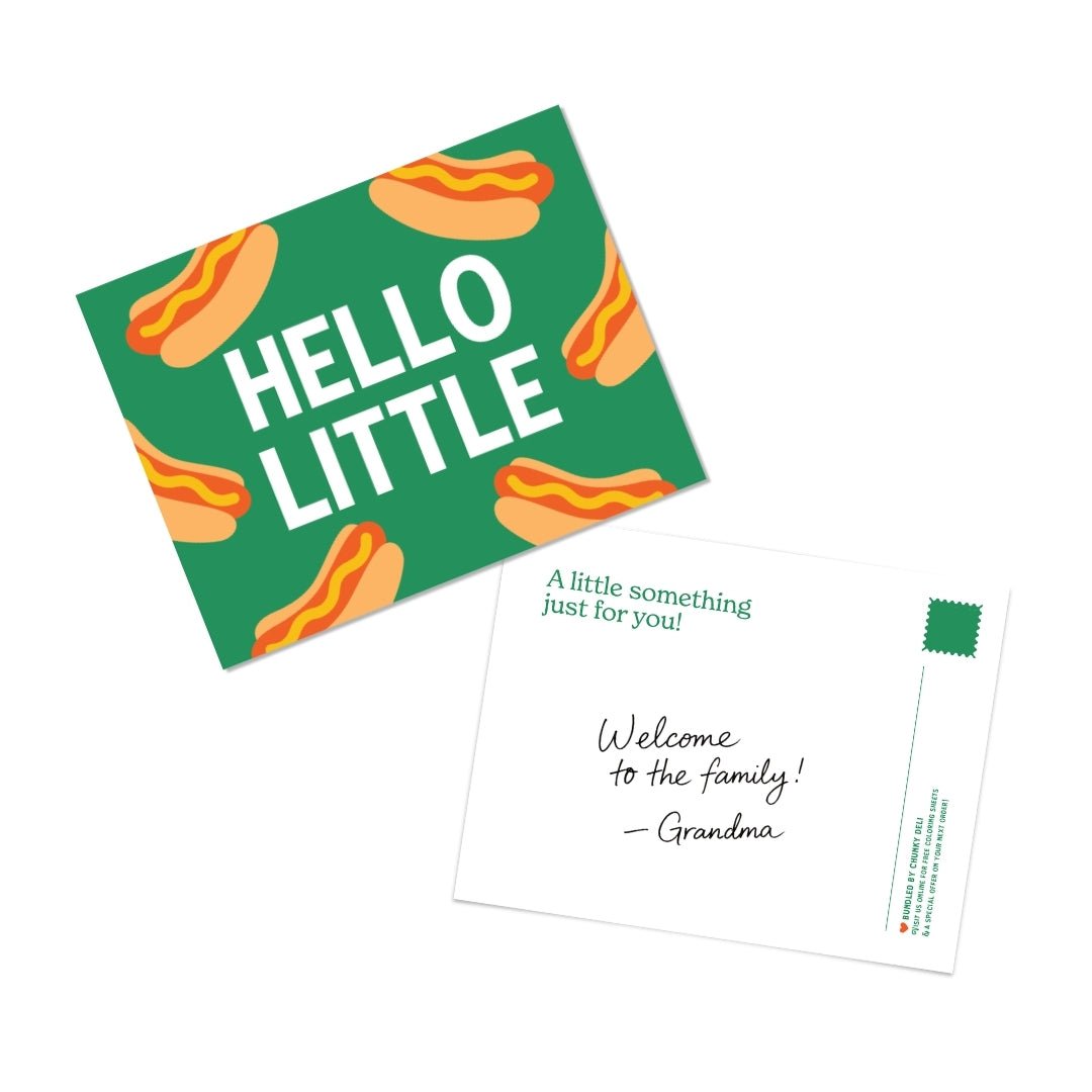 Chunky Deli Gift Note Add-On featuring a hot dog inspired postcard that says 'Hello Little!' with a personalized message for a special occasion.