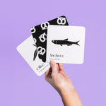 Hand holds up three art cards from the "Gourmet for Baby" set on a pastel purple background.