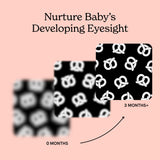 Three-card diagram on a pink background showing the stages of an infant's eyesight at 0, 1, and 3 months featuring Gourmet for Baby art cards.