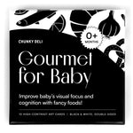 High-angle, straight-on view of the black and white "Gourmet for Baby" art card set box from Chunky Deli.