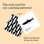 Front and back view of an anchovy card from the "Gourmet for Baby" set on a light yellow background.