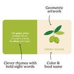 Image of a page from "Gourmet Rainbow" A book from Chunky Deli. The page is of Green olives, it has a geometric artwork with clever rhymes and gourmet name. 