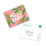 Chunky Deli Gift Note Add-On featuring a olive inspired postcard that says 'Hello Baby!' with a personalized message for a special occasion.
