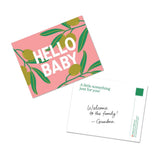 Chunky Deli Gift Note Add-On featuring a olive inspired postcard that says 'Hello Baby!' with a personalized message for a special occasion.