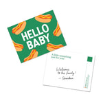 Chunky Deli Gift Note Add-On featuring a hot dog inspired postcard that says 'Hello Baby!' with a personalized message for a special occasion.