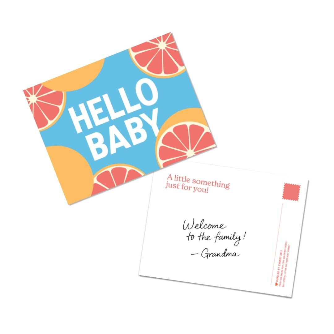 Pastel blue "HELLO BABY" gift note card featuring Grapefruit illustrations, Chunky Deli.