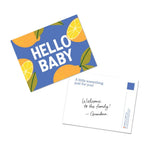 Chunky Deli Gift Note Add-On featuring a lemon inspired postcard that says 'Hello Baby!' with a personalized message for a special occasion.