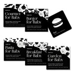 Collection of 'Gourmet for Baby', 'Burger for Baby', 'Pasta for Baby', 'Breakfast for Baby', and 'Garden for Baby' Chunky Deli Black and White Art cards on a white background.