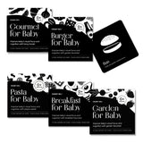 Collection of 'Gourmet for Baby', 'Burger for Baby', 'Pasta for Baby', 'Breakfast for Baby', and 'Garden for Baby' Chunky Deli Black and White Art cards on a white background.