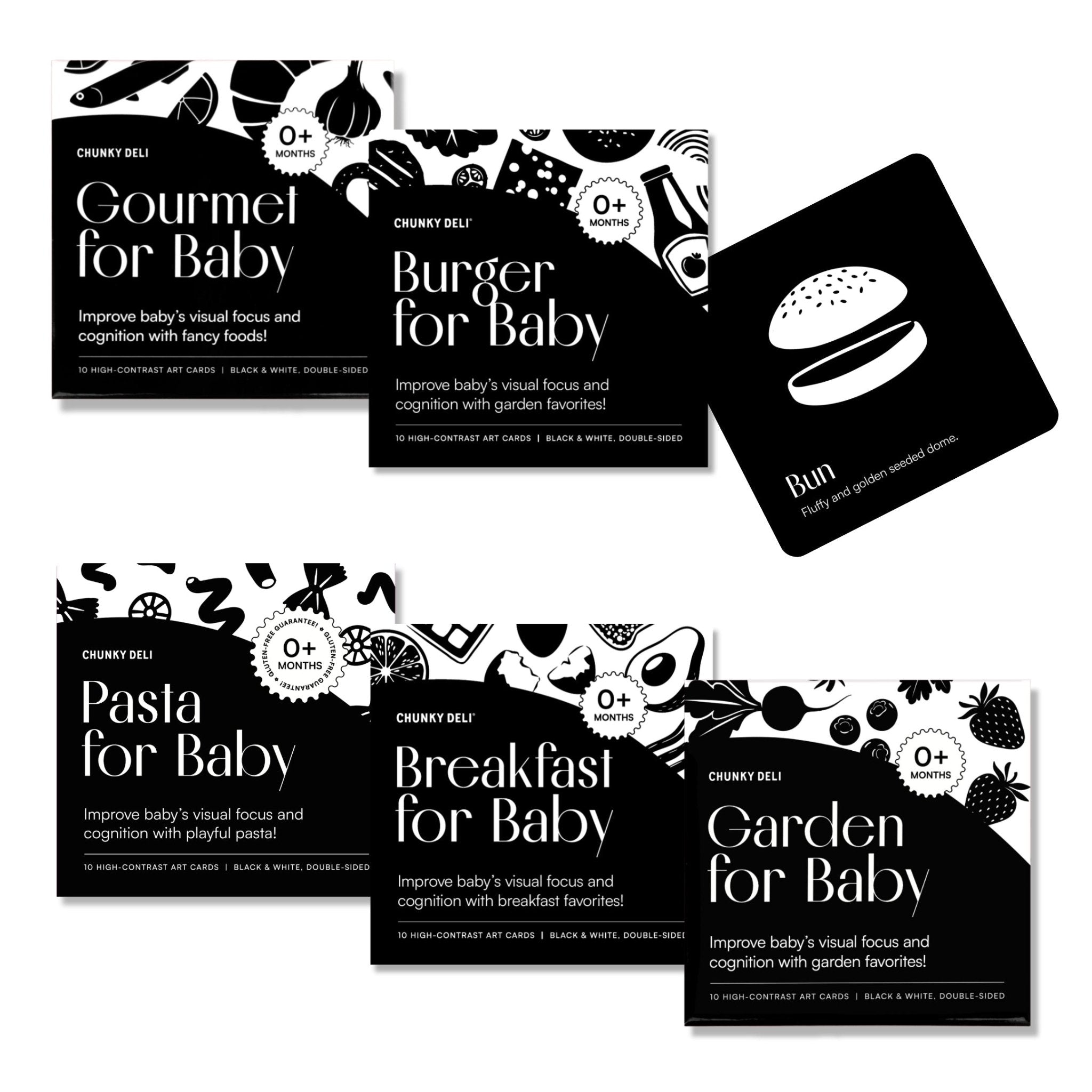 Collection of 'Gourmet for Baby', 'Burger for Baby', 'Pasta for Baby', 'Breakfast for Baby', and 'Garden for Baby' Chunky Deli Black and White Art cards on a white background.