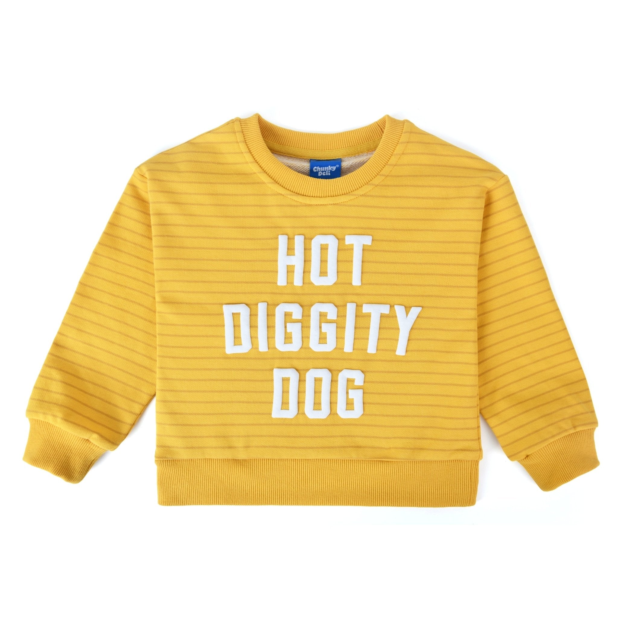 Hot Diggity Dog Kids Crewneck Sweater in sunny yellow with cheerful striped design.