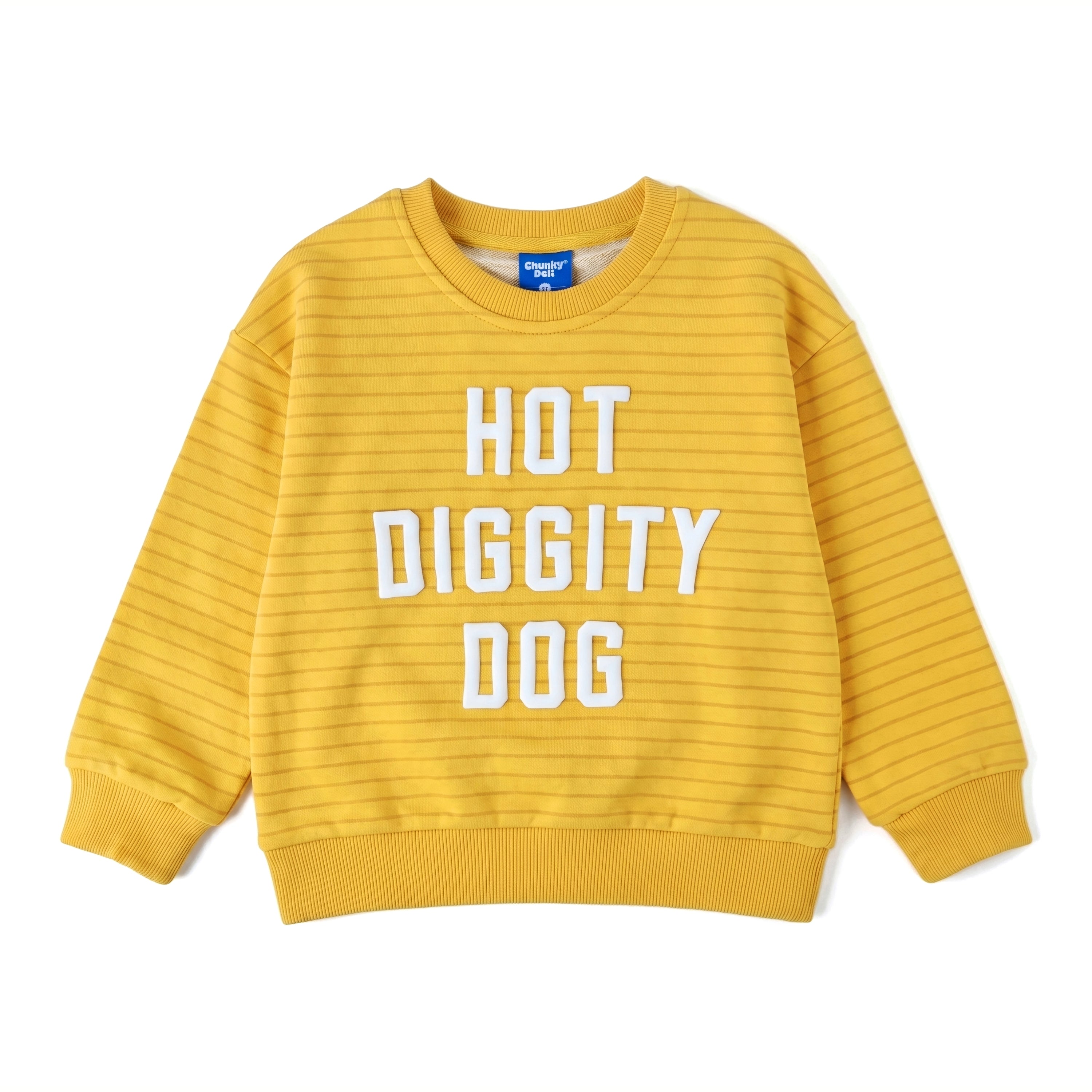 Hot Diggity Dog Kids Crewneck Sweater in sunny yellow with cheerful striped design.