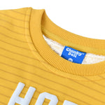 Hot Diggity Dog Kids Crewneck Sweater featuring chunky deli branding and soft yellow stripes.