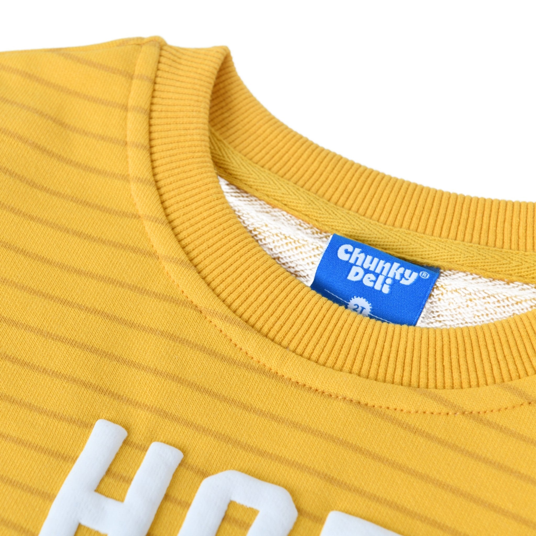 Hot Diggity Dog Kids Crewneck Sweater featuring chunky deli branding and soft yellow stripes.