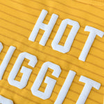 Hot Diggity Dog Kids Crewneck Sweater detail with bold white lettering on soft striped fabric.
