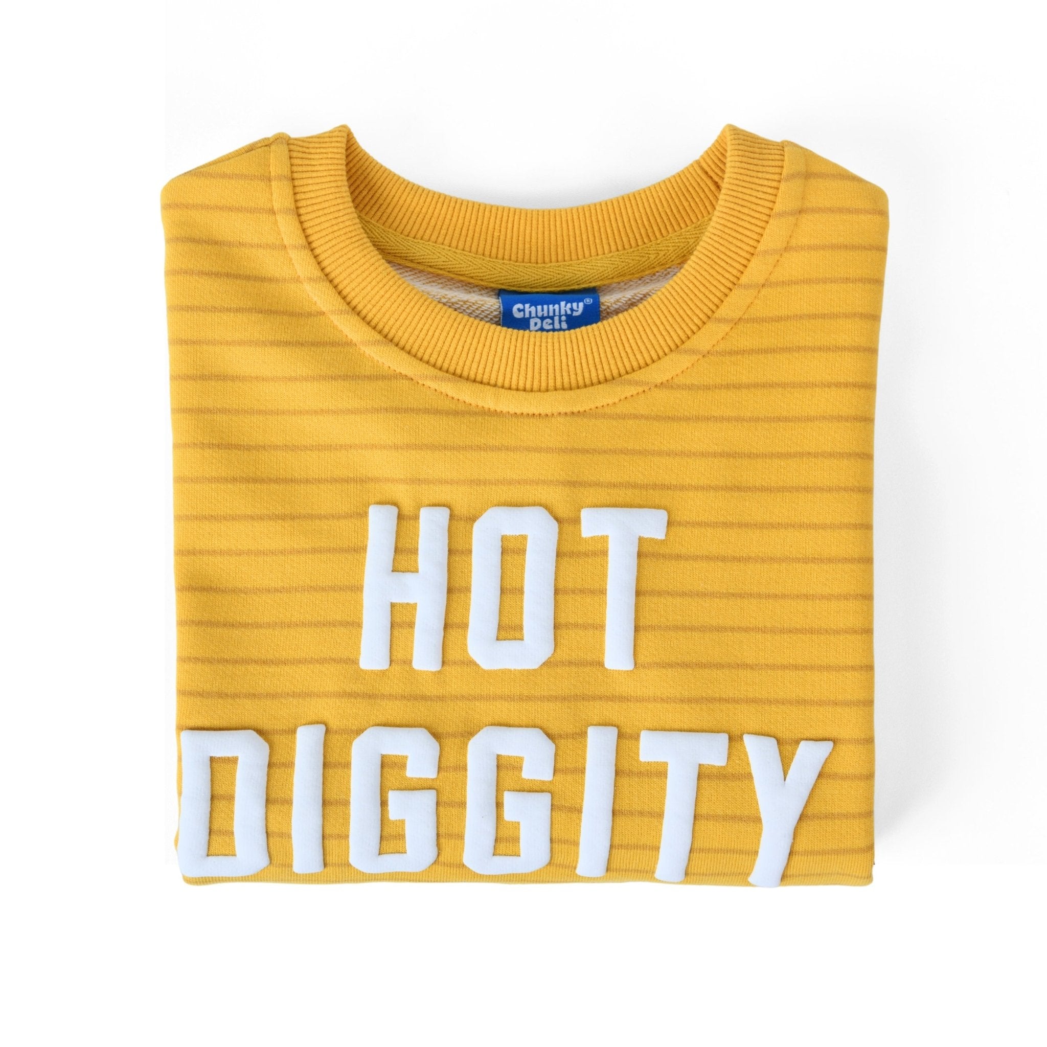 Hot Diggity Dog Kids Crewneck Sweater in bright yellow with white lettering, 100% cotton, soft and stylish for kids.