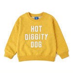 Hot diggity dog kids crewneck sweater in sunny yellow with cherrful striped design.