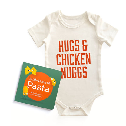  Chunky Deli "Hugs & Chicken Nuggs Starter Pack" featuring a white, 100% cotton, short sleeve baby bodysuit with bold red text "HUGS & CHICKEN NUGGS", accompanied by the "Little Book of Pasta" board book by Christina Sicoli & Caitlin Renee Steuer, all on 