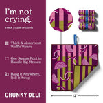 Chunky Deli I'm not crying cleaning cloths with packaging and product details on a purple background