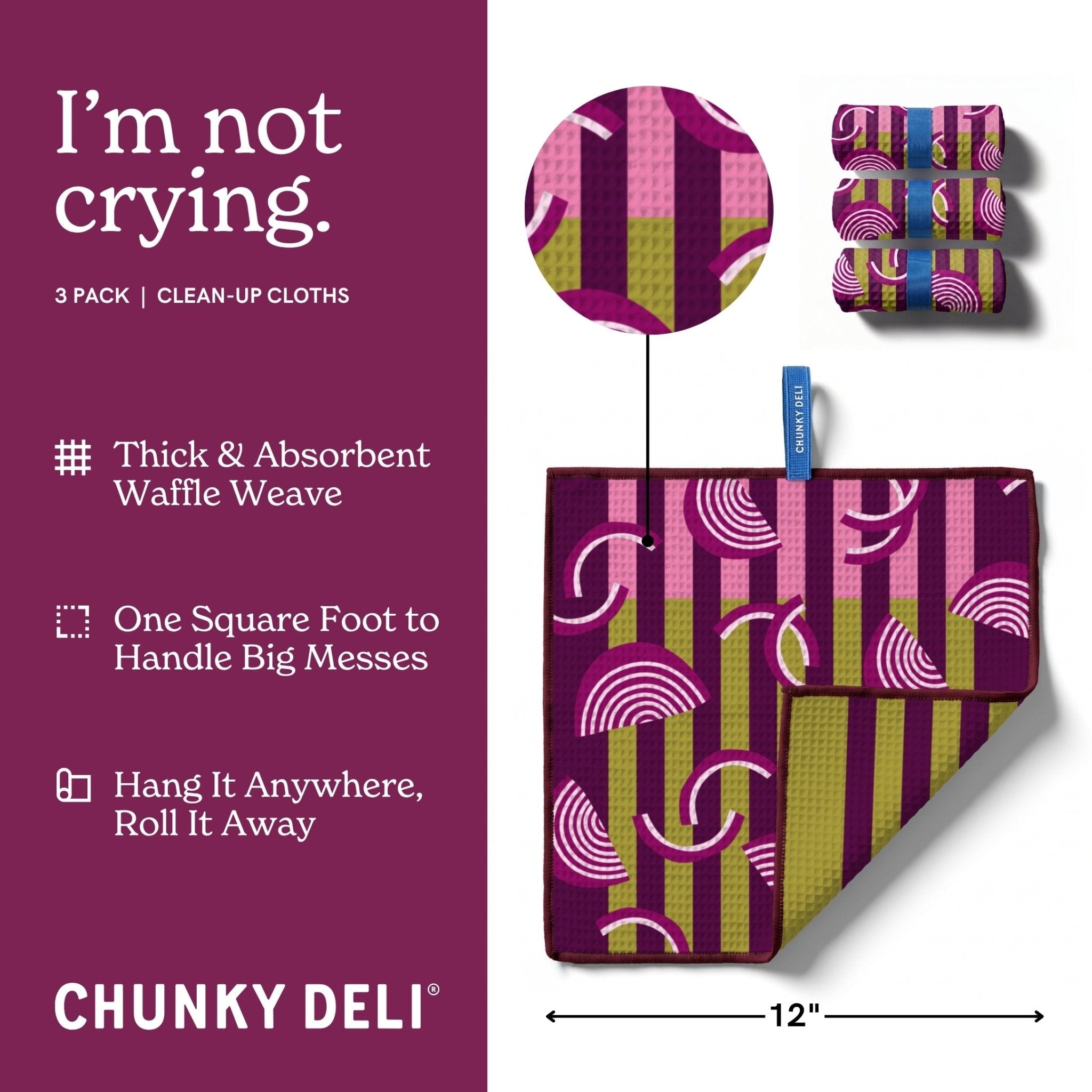 Chunky Deli I'm not crying cleaning cloths with packaging and product details on a purple background