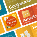 Chunky Deli product image: "Little Book of Cheese" cover in the center, flanked by an open spread featuring American cheese and additional spreads open to blue, green, and yellow pages.