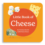 Chunky Deli product photo: The orange cover of "Little Book of Cheese" featuring a vibrant red spot in the center, surrounded by illustrations of feta, gorgonzola, and swiss cheese characters, laid flat on a white background.