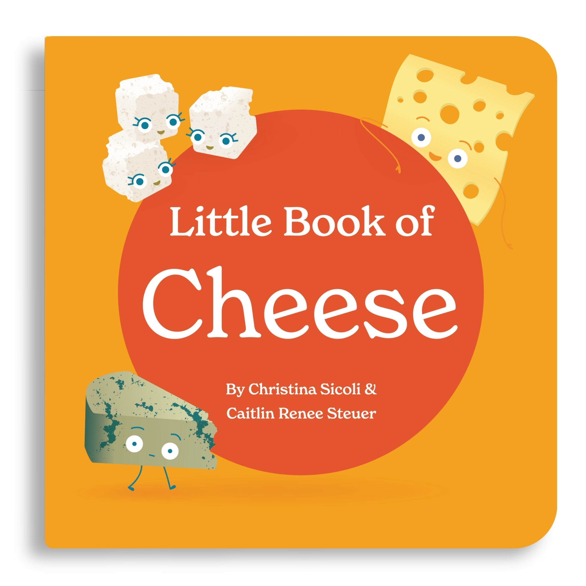 Chunky Deli product photo: The orange cover of "Little Book of Cheese" featuring a vibrant red spot in the center, surrounded by illustrations of feta, gorgonzola, and swiss cheese characters, laid flat on a white background.