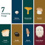 Chunky Deli product image: Grid layout showcasing the seven different mushrooms featured in "Little Book of Fungi." Each illustration is shown with the character and name on its corresponding page color, all outlined and arranged on a white background.