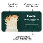  Chunky Deli product image: "Little Book of Fungi" open to the Enoki spread (Green page). The right side features the mushroom's title, subtitle, and a playful poem, while the left side showcases a character illustration of the Enoki mushroom