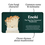  Chunky Deli product image: "Little Book of Fungi" open to the Enoki spread (Green page). The right side features the mushroom's title, subtitle, and a playful poem, while the left side showcases a character illustration of the Enoki mushroom