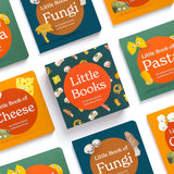 Display of 3 books, in the tasty collection, including "Little Book of Pasta", "Little Book of Fungi", and "Little Book of Cheese" on a white background.