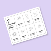 Chunky Deli Printable PDF Coloring Page created by Caitlin Renee Steuer and Christina Krol on a purple background. The page features 7 Charming Pasta Shapes; Farfalle, Fusilli, Lasagna, Capellini, Ravioli, Macaroni & Rotelle.