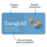 Open page of the 'Little Book of Tomatoes' board book titled featuring an illustration of Sungold tomatoes outlining the features of each page; a playful rhyme, tomato name and characters. Chunky Deli product image.