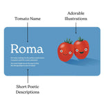 Illustration from "The Little Book of Tomatoes" by Chunky Deli (Christina Sicoli and Caitlin Renee Steuer) shows two red Roma tomatoes with faces on a blue background. The text "Roma" is prominently displayed, with a short poetic description.