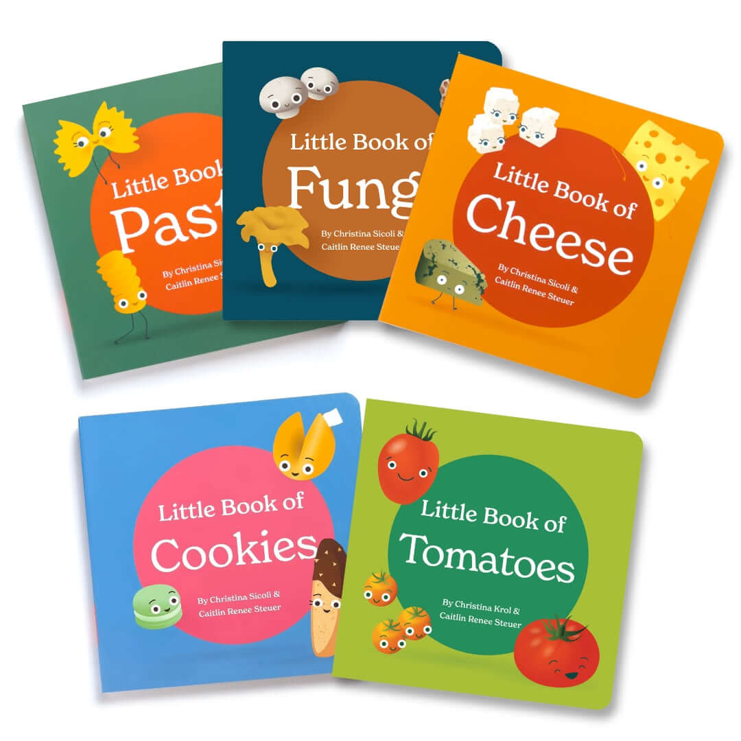 Chunky Deli Product photo: Five "little" books fanned out. The books are all 5 of the little books by Caitlin Renee Steuer and Christina Sicoli on a white background. Included: Little book of pasta, little book of fungi, little book of cheese, little book