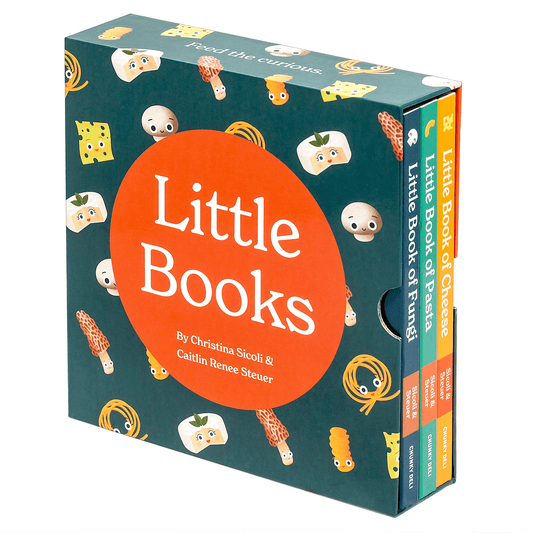 Chunky Deli product image: "Little Books Tasty Collection" box set (green with an orange dot) featuring the title, author names, and a tilted view revealing the included books: "Little Book of Pasta," "Little Book of Cheese," and "Little Book of Fungi." S