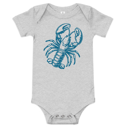 Chunky Deli product image: Grey-colored Lobster onesie, 100% cotton with envelope shoulders and three-snap closure, laid flat on a white background.