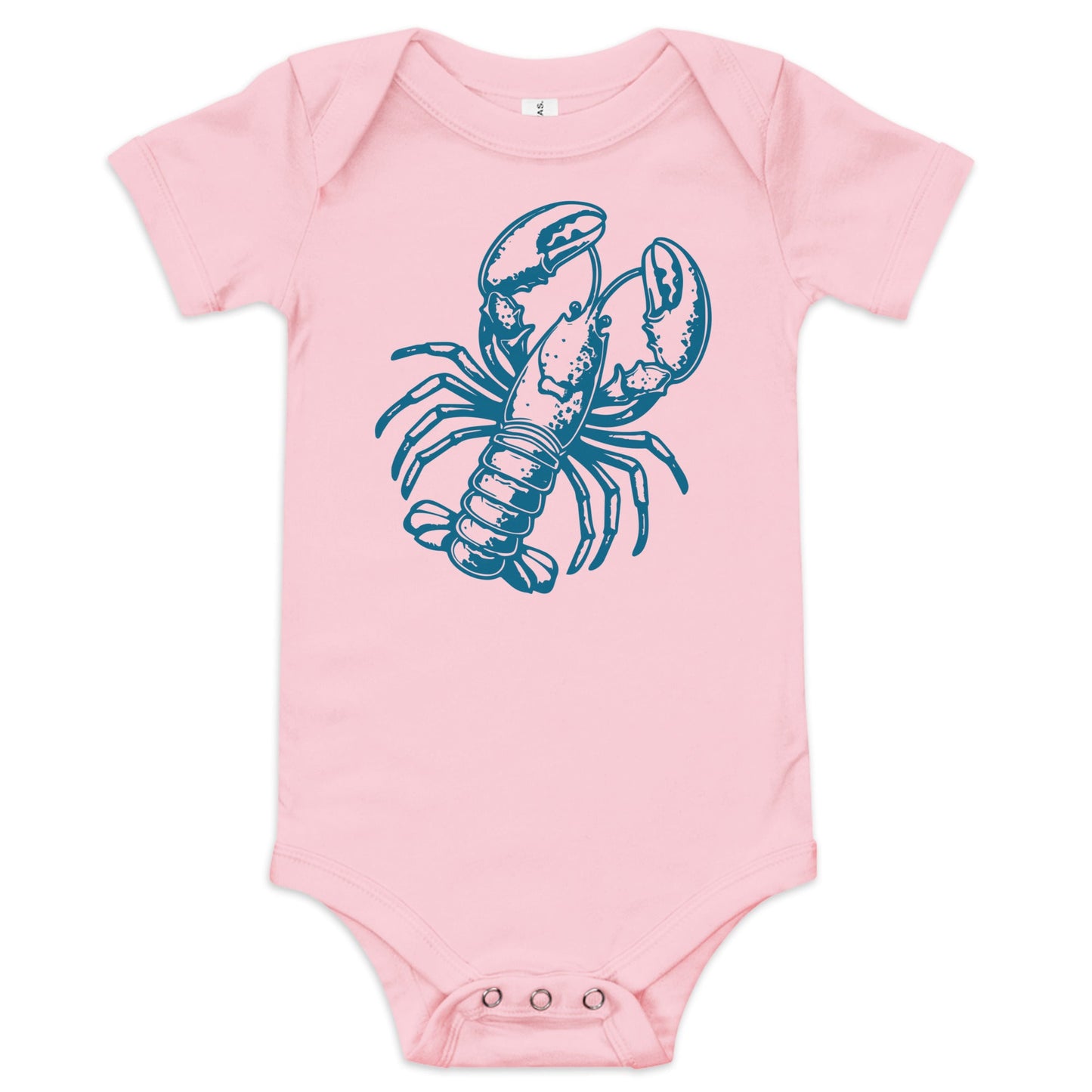 Chunky Deli product image: Pink-colored Lobster onesie, 100% cotton with envelope shoulders and three-snap closure, laid flat on a white background.