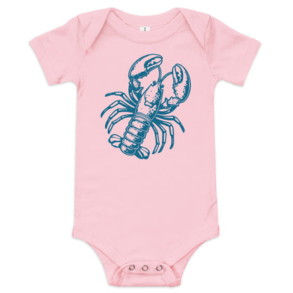 Chunky Deli product image: Pink-colored Lobster onesie, 100% cotton with envelope shoulders and three-snap closure, laid flat on a white background.