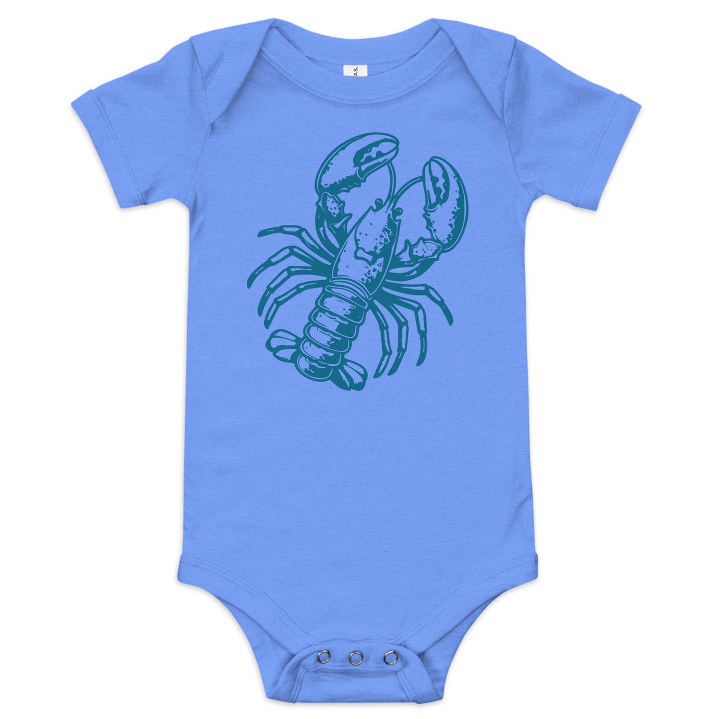 Chunky Deli product image: Blue-colored Lobster onesie, 100% cotton with envelope shoulders and three-snap closure, laid flat on a white background.