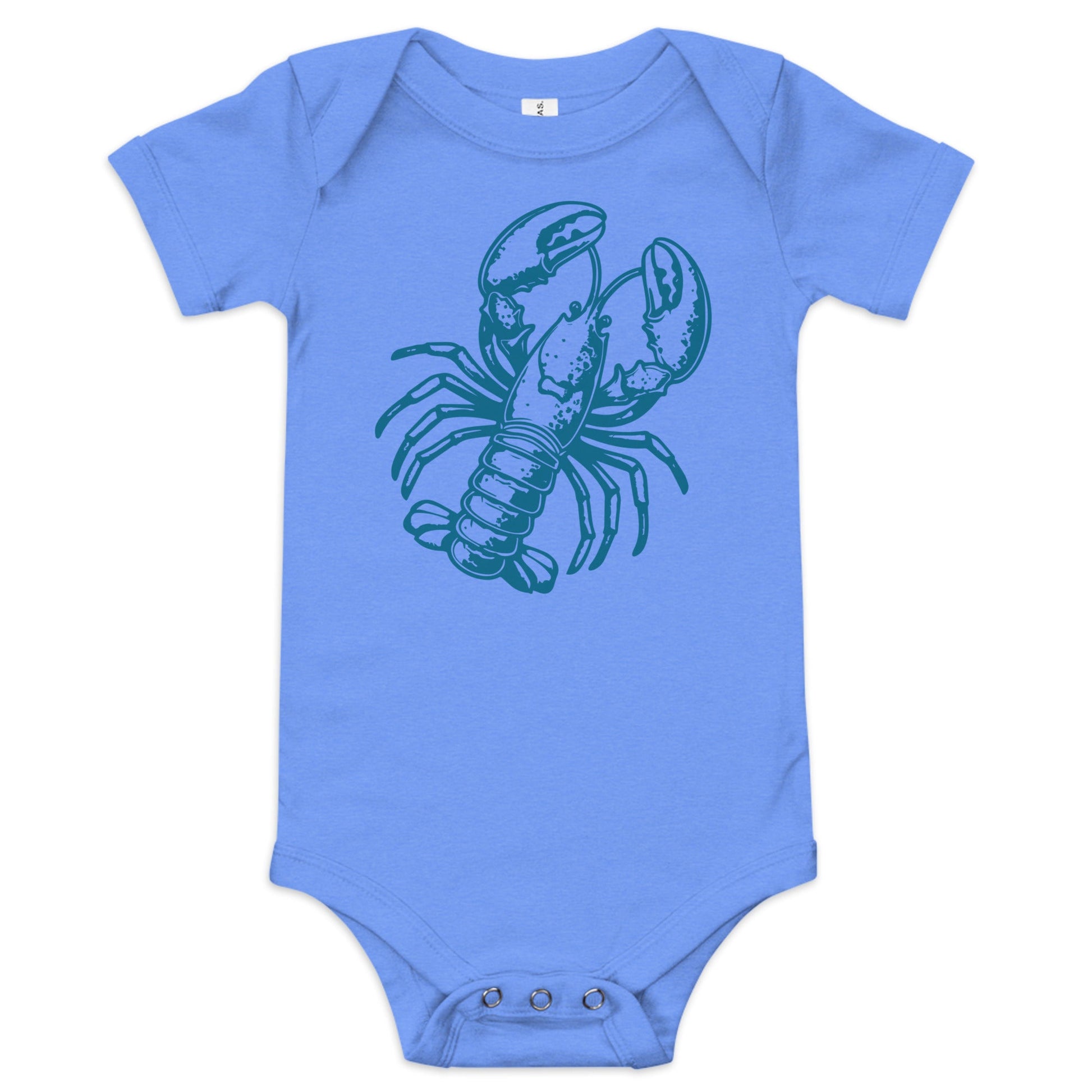 Chunky Deli product image: Blue-colored Lobster onesie, 100% cotton with envelope shoulders and three-snap closure, laid flat on a white background.
