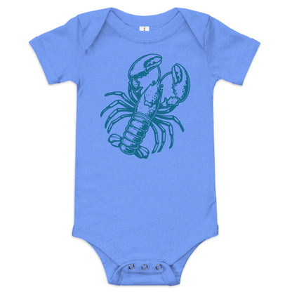 Chunky Deli product image: Blue-colored Lobster onesie, 100% cotton with envelope shoulders and three-snap closure, laid flat on a white background.
