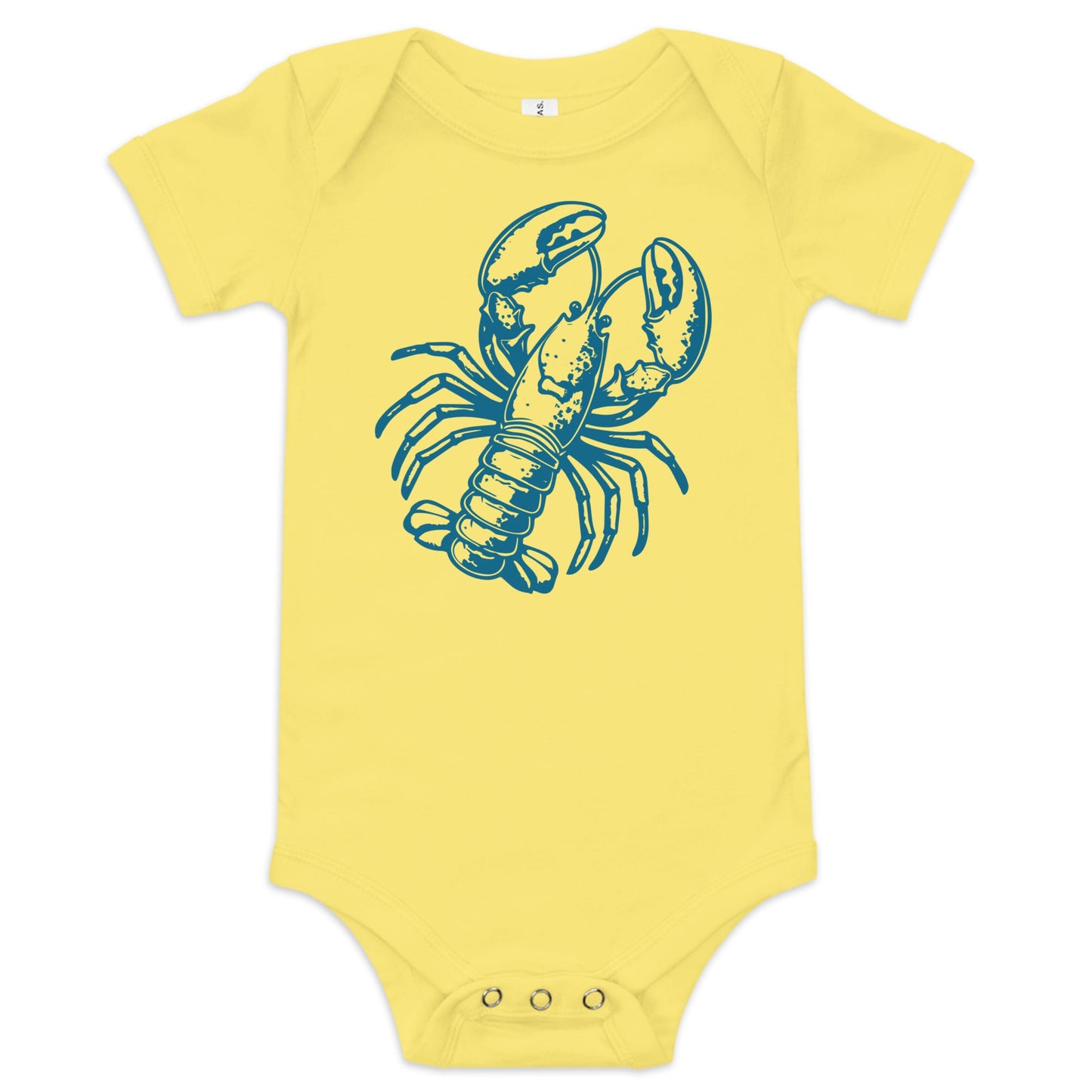 Chunky Deli product image: Yellow-colored Lobster onesie, 100% cotton with envelope shoulders and three-snap closure, laid flat on a white background.
