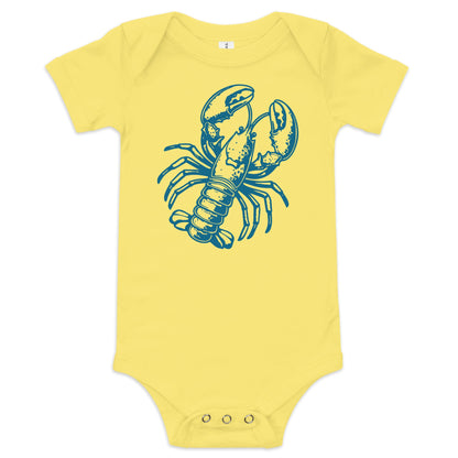 Chunky Deli product image: Yellow-colored Lobster onesie, 100% cotton with envelope shoulders and three-snap closure, laid flat on a white background.