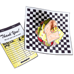 Chunky Deli product image: Assembled Mini Sandwich Printable, with colored and cut-out sandwich ingredients stacked on deli paper, alongside a yellow order slip, all clustered together on a white background.