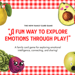 Illustrated quote of a "Moody Food" game review: "The new family card game—a fun way to explore emotions through play!" with a border of a red and white kingdom, fruits, and vegetables expressing emotions.